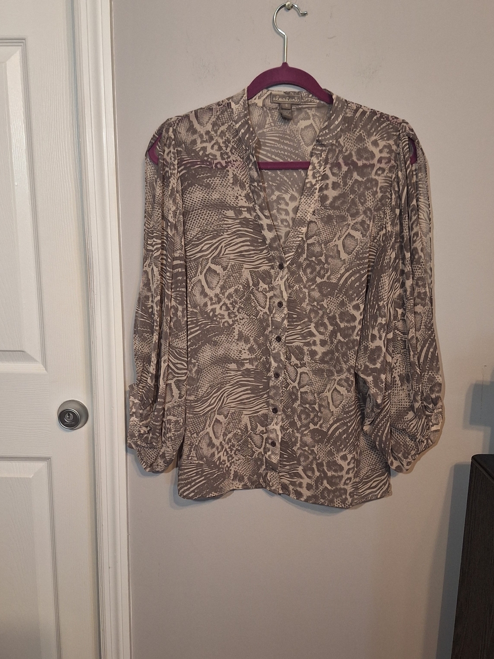 Akualani Animal Print V-Neck Neutral Taupe Button Front Blouse